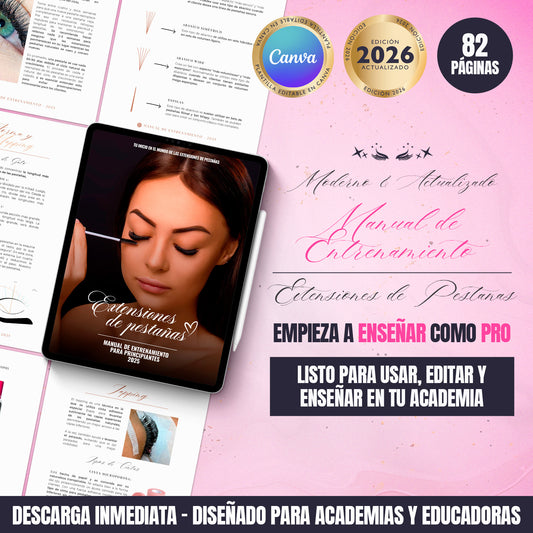 Manual de entrenamiento en extensiones de pestañas editable en Canva para academias y educadoras, incluye 12 módulos estructurados y diseño profesional moderno