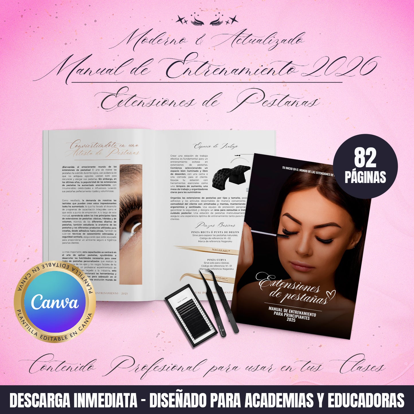 Manual de entrenamiento en extensiones de pestañas editable en Canva para academias y educadoras, incluye 12 módulos estructurados y diseño profesional moderno