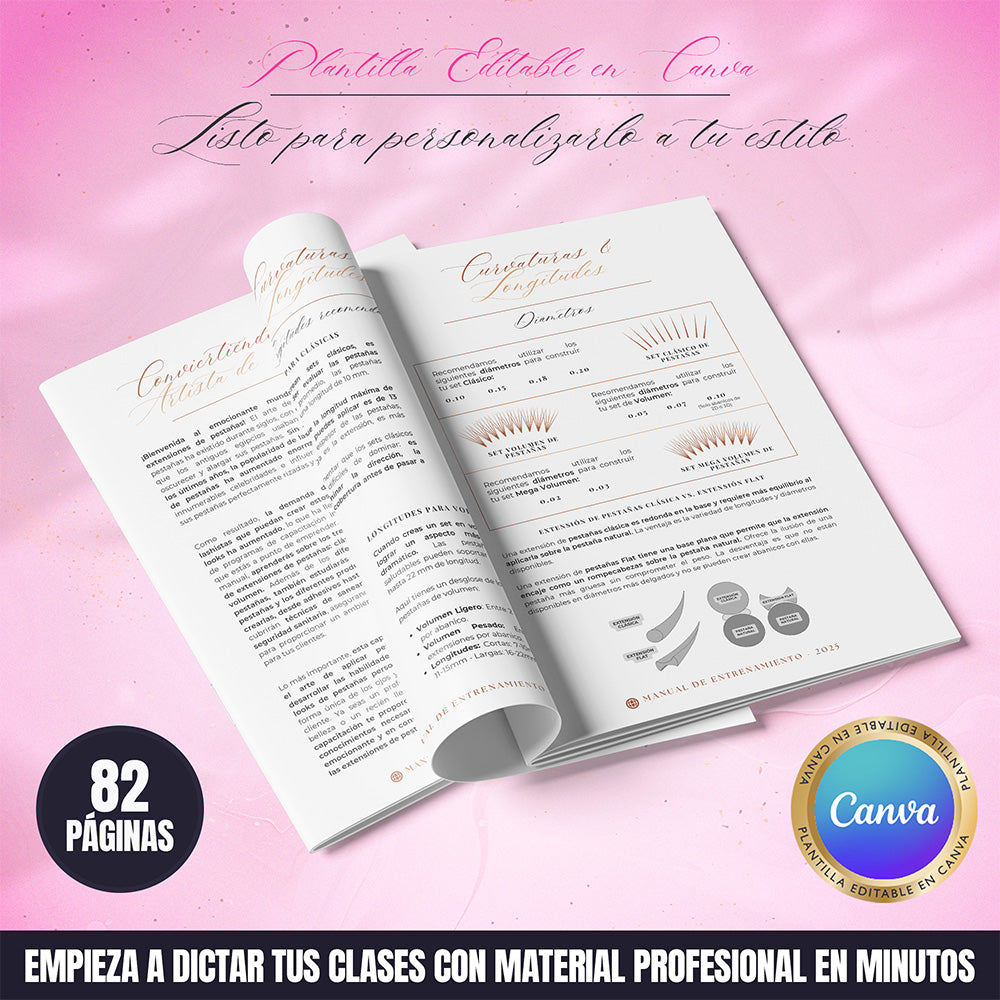 Manual de entrenamiento en extensiones de pestañas editable en Canva para academias y educadoras, incluye 12 módulos estructurados y diseño profesional moderno