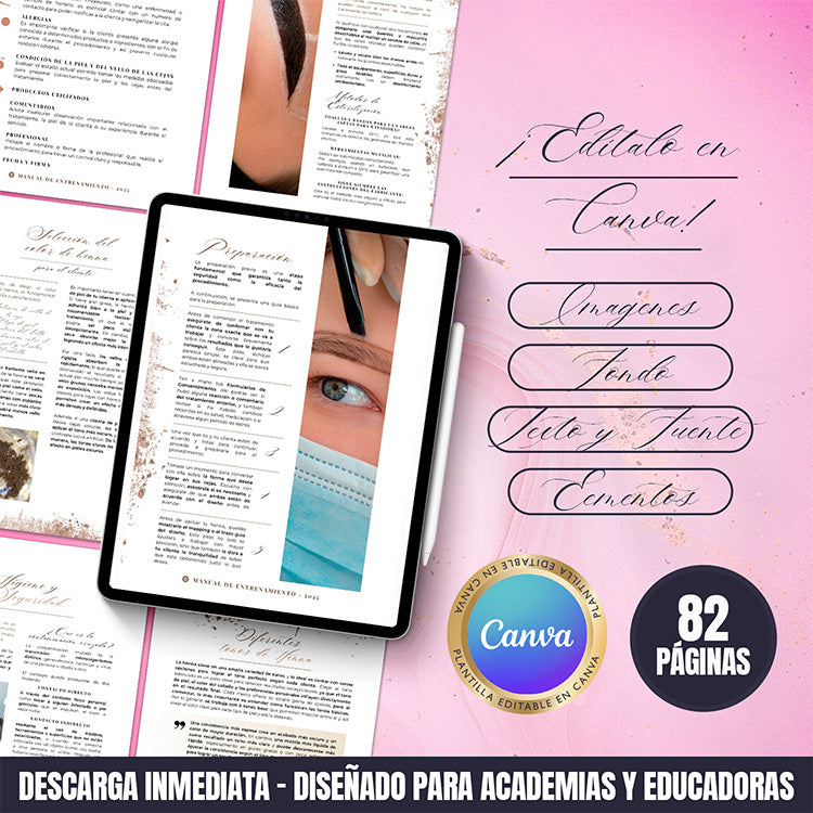 Manual de entrenamiento en extensiones de pestañas editable en Canva para academias y educadoras, incluye 12 módulos estructurados y diseño profesional moderno