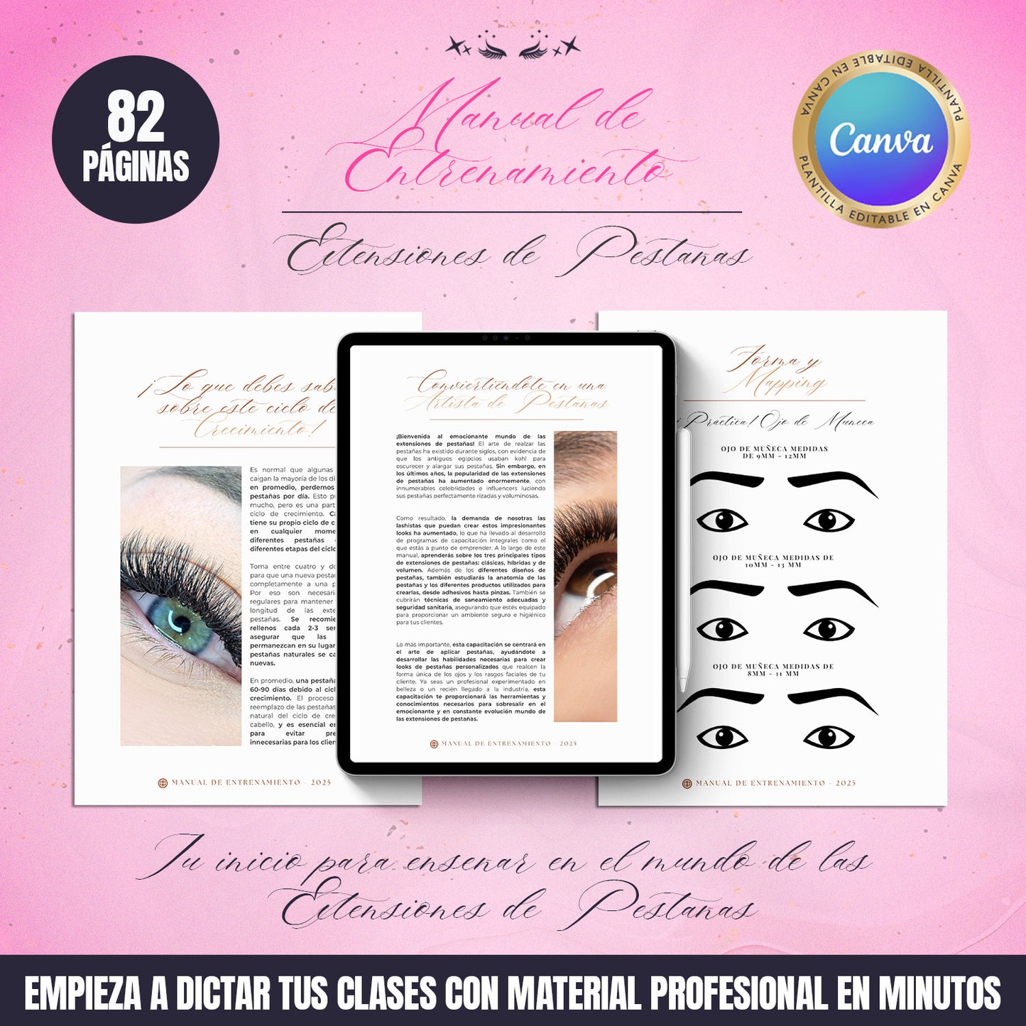 Manual de entrenamiento en extensiones de pestañas editable en Canva para academias y educadoras, incluye 12 módulos estructurados y diseño profesional moderno