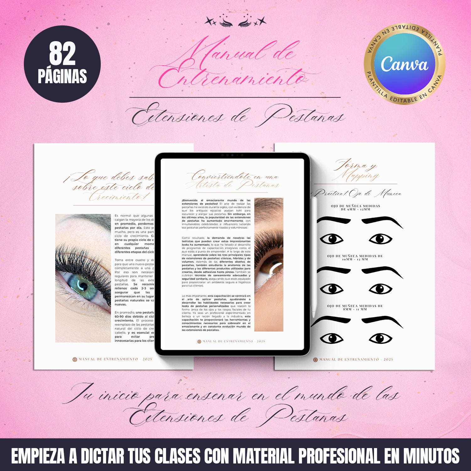 Manual de entrenamiento en extensiones de pestañas editable en Canva para academias y educadoras, incluye 12 módulos estructurados y diseño profesional moderno