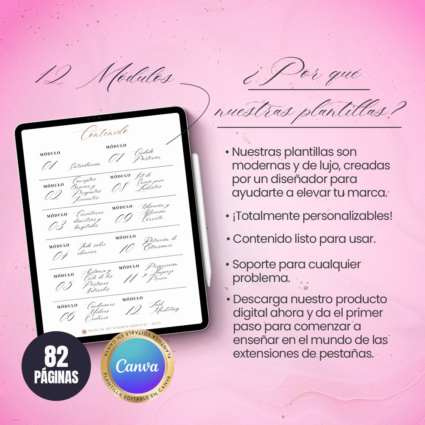 Manual de entrenamiento en extensiones de pestañas editable en Canva para academias y educadoras, incluye 12 módulos estructurados y diseño profesional moderno