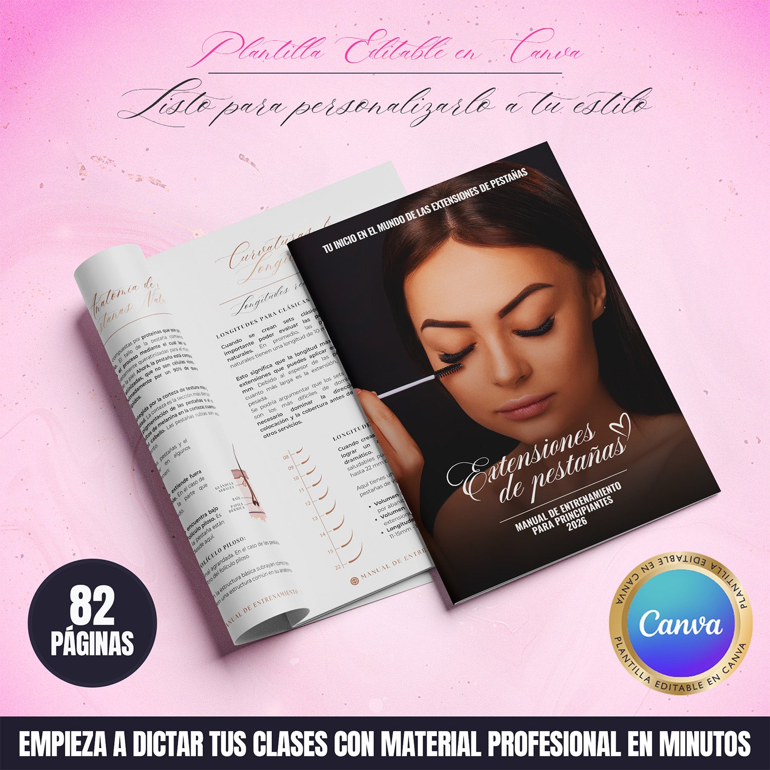 Manual de entrenamiento en extensiones de pestañas editable en Canva para academias y educadoras, incluye 12 módulos estructurados y diseño profesional moderno