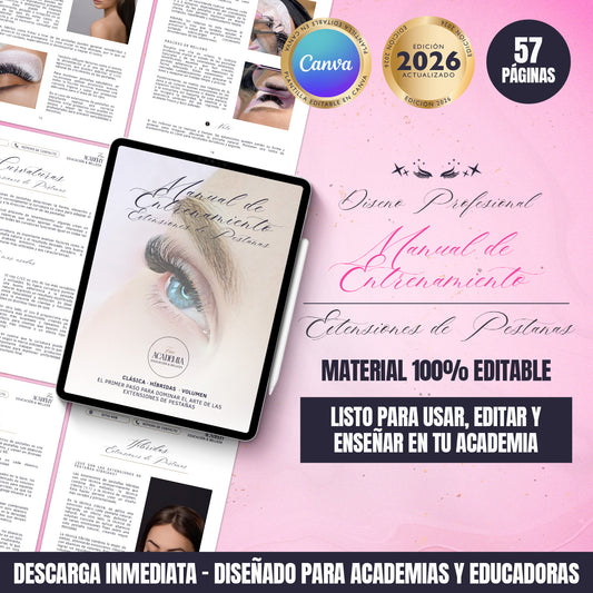 Manual de entrenamiento en extensiones de pestañas editable en Canva para academias y educadoras, diseño profesional con 57 páginas y contenido estructurado