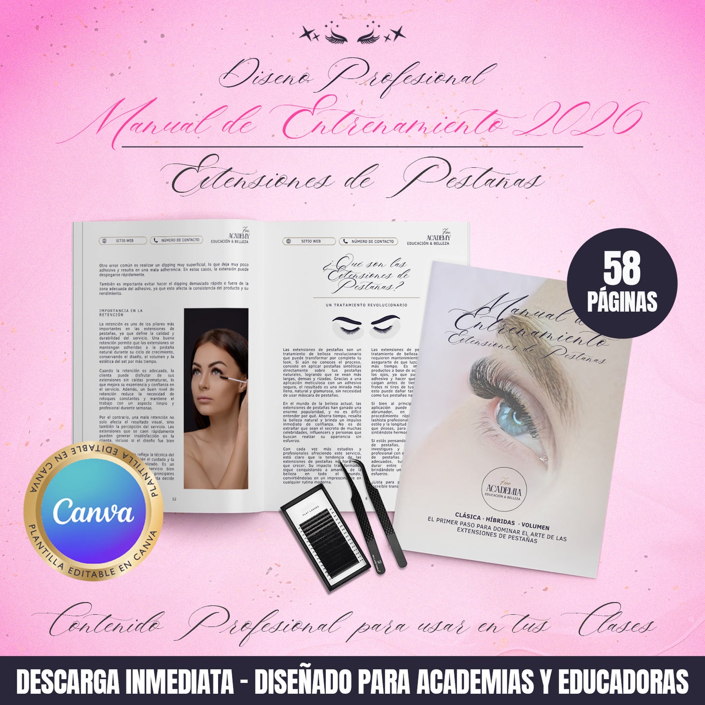 Manual de entrenamiento en extensiones de pestañas editable en Canva para academias y educadoras, diseño profesional con 57 páginas y contenido estructurado