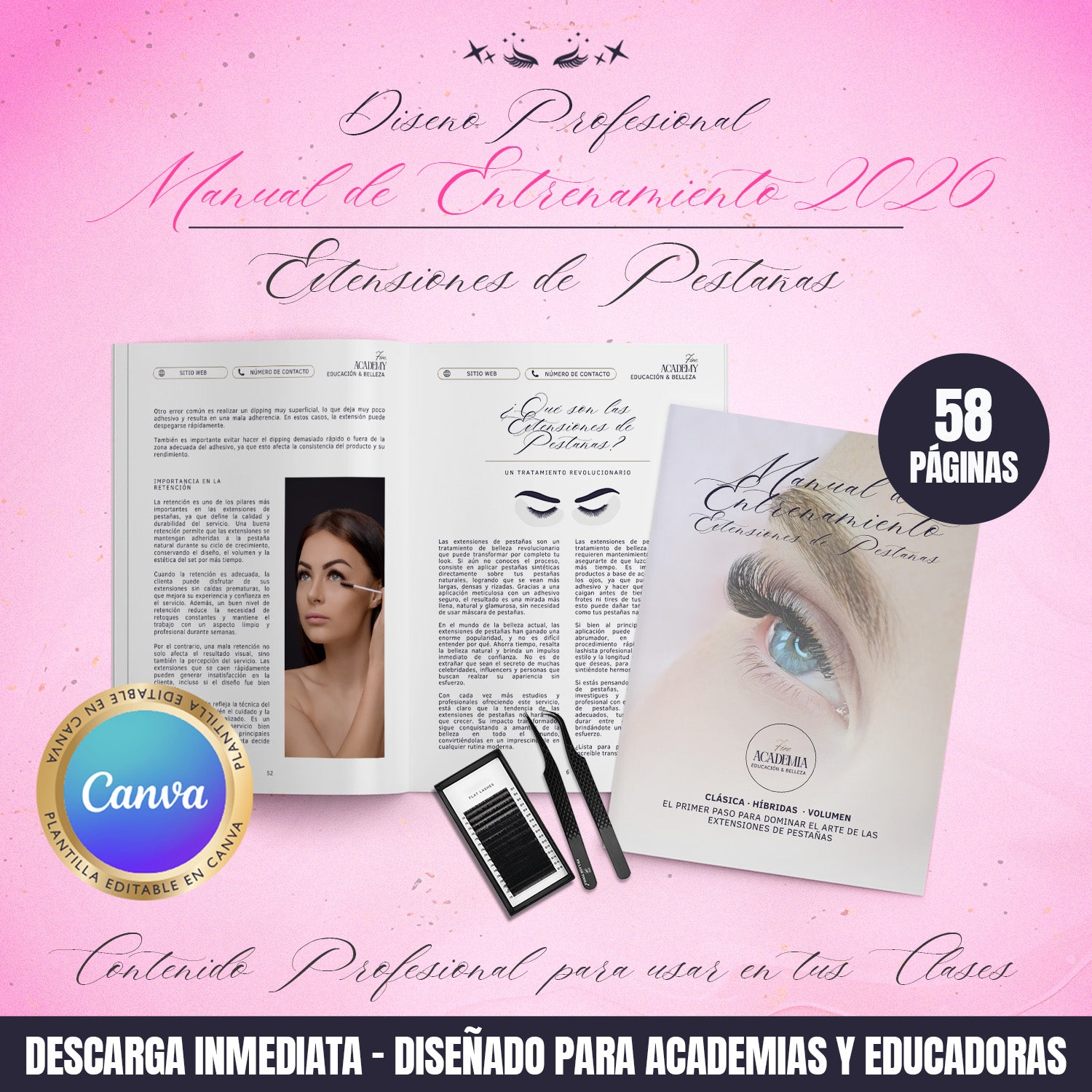 Manual de entrenamiento en extensiones de pestañas editable en Canva para academias y educadoras, diseño profesional con 57 páginas y contenido estructurado