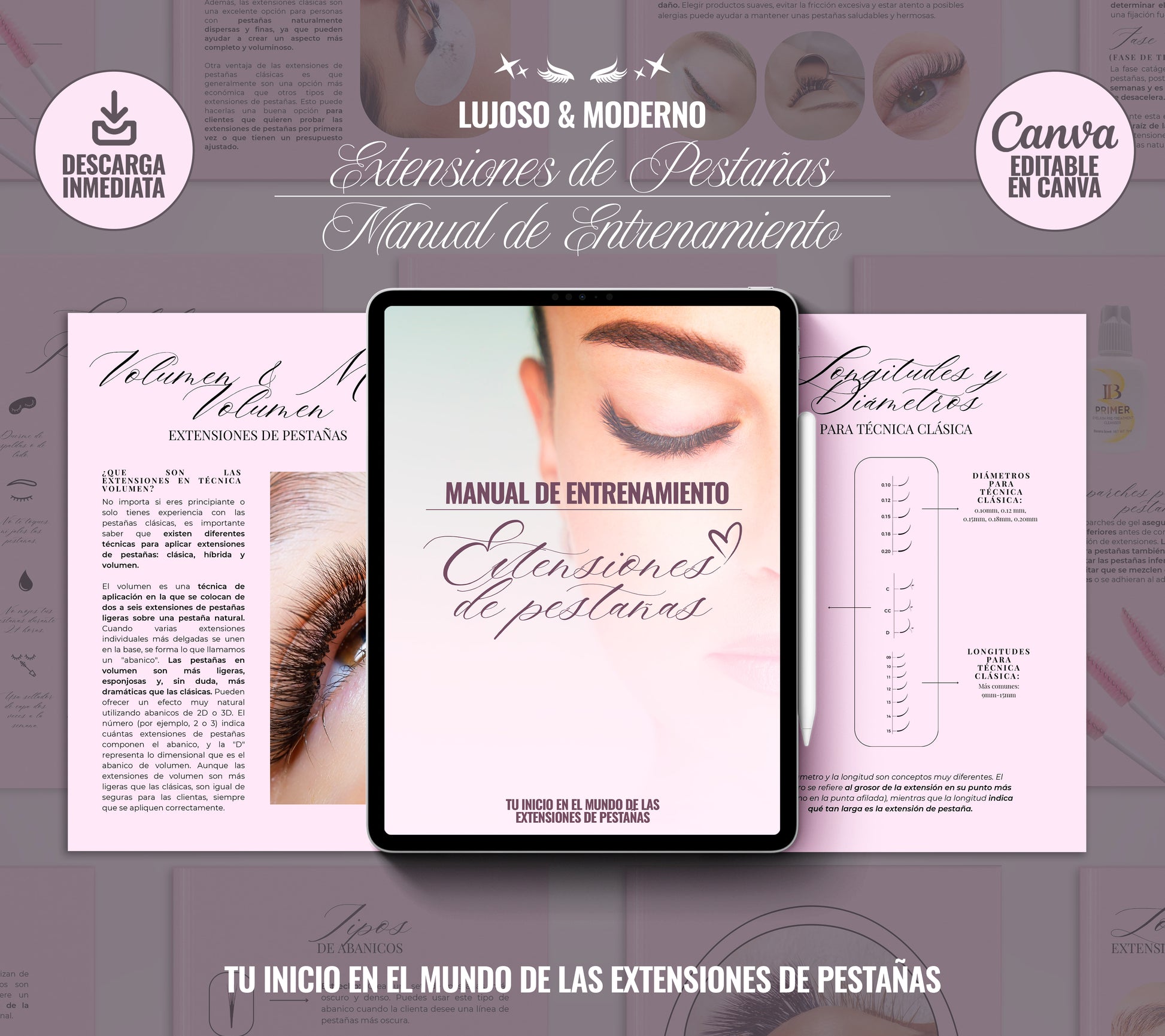 Manual de entrenamiento para extensiones de pestañas en tonos rosa, con diseño elegante y moderno. Incluye información sobre volúmenes, longitudes y diámetros para técnica clásica. Disponible en formato digital, editable en Canva y con descarga inmediata.