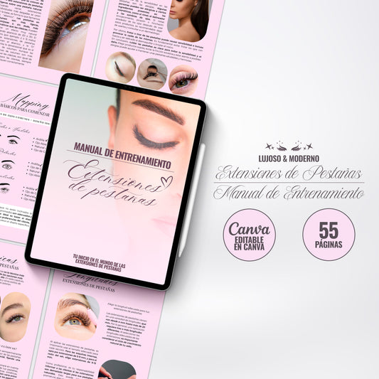 Manual de entrenamiento para extensiones de pestañas en tonos rosa, con diseño elegante y moderno. Incluye información sobre volúmenes, longitudes y diámetros para técnica clásica. Disponible en formato digital, editable en Canva y con descarga inmediata.