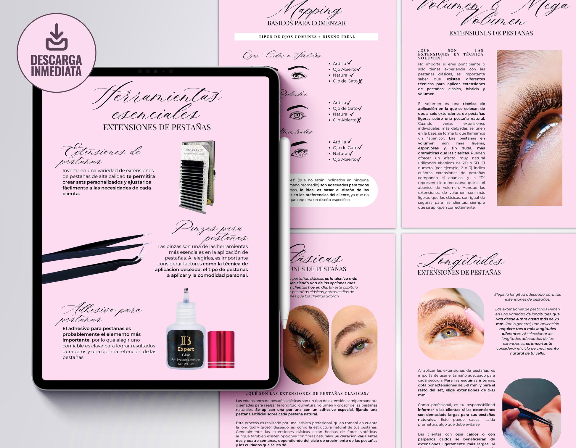 Manual de entrenamiento para extensiones de pestañas en tonos rosa, con diseño elegante y moderno. Incluye información sobre volúmenes, longitudes y diámetros para técnica clásica. Disponible en formato digital, editable en Canva y con descarga inmediata.