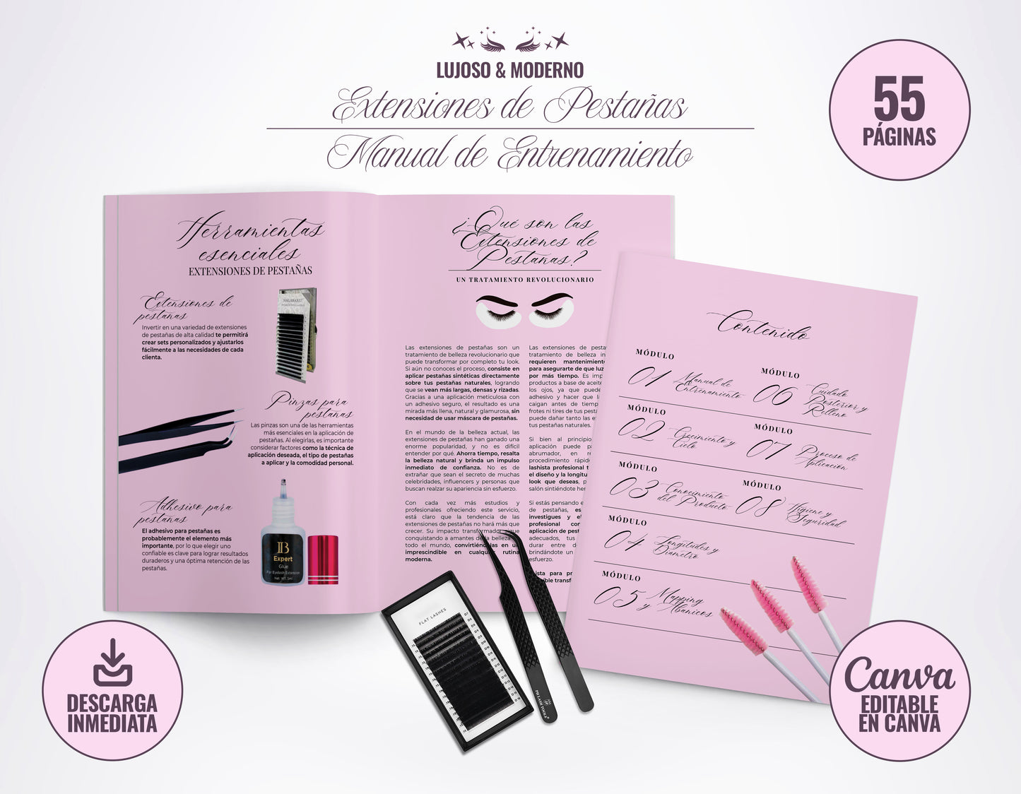 Manual de entrenamiento para extensiones de pestañas en tonos rosa, con diseño elegante y moderno. Incluye información sobre volúmenes, longitudes y diámetros para técnica clásica. Disponible en formato digital, editable en Canva y con descarga inmediata.