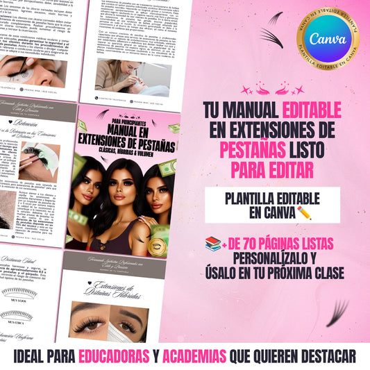 Manual editable en extensiones de pestañas, más de 70 páginas en Canva listas para personalizar, ideal para lash trainers y academias