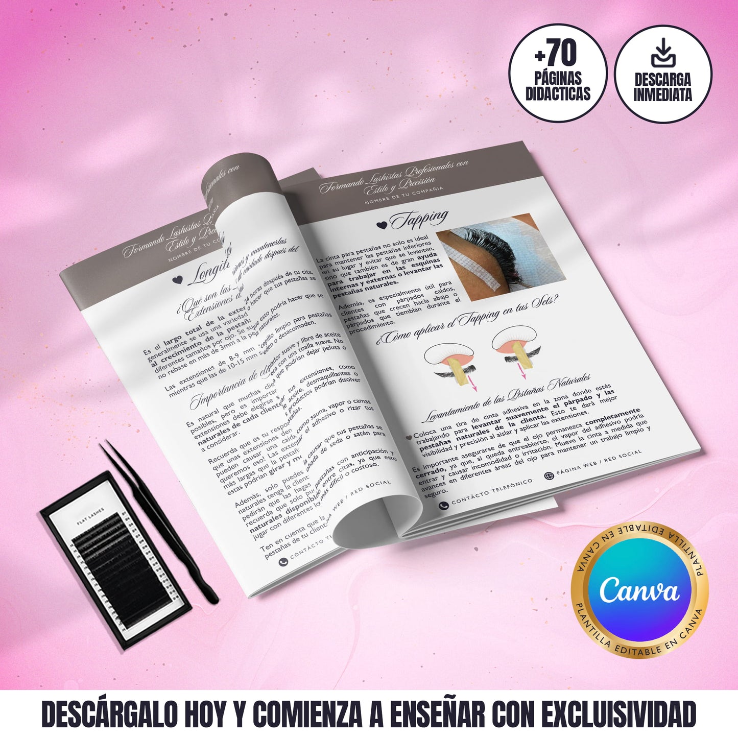 Manual editable de extensiones de pestañas con explicación paso a paso de técnicas clásicas, híbridas y volumen
