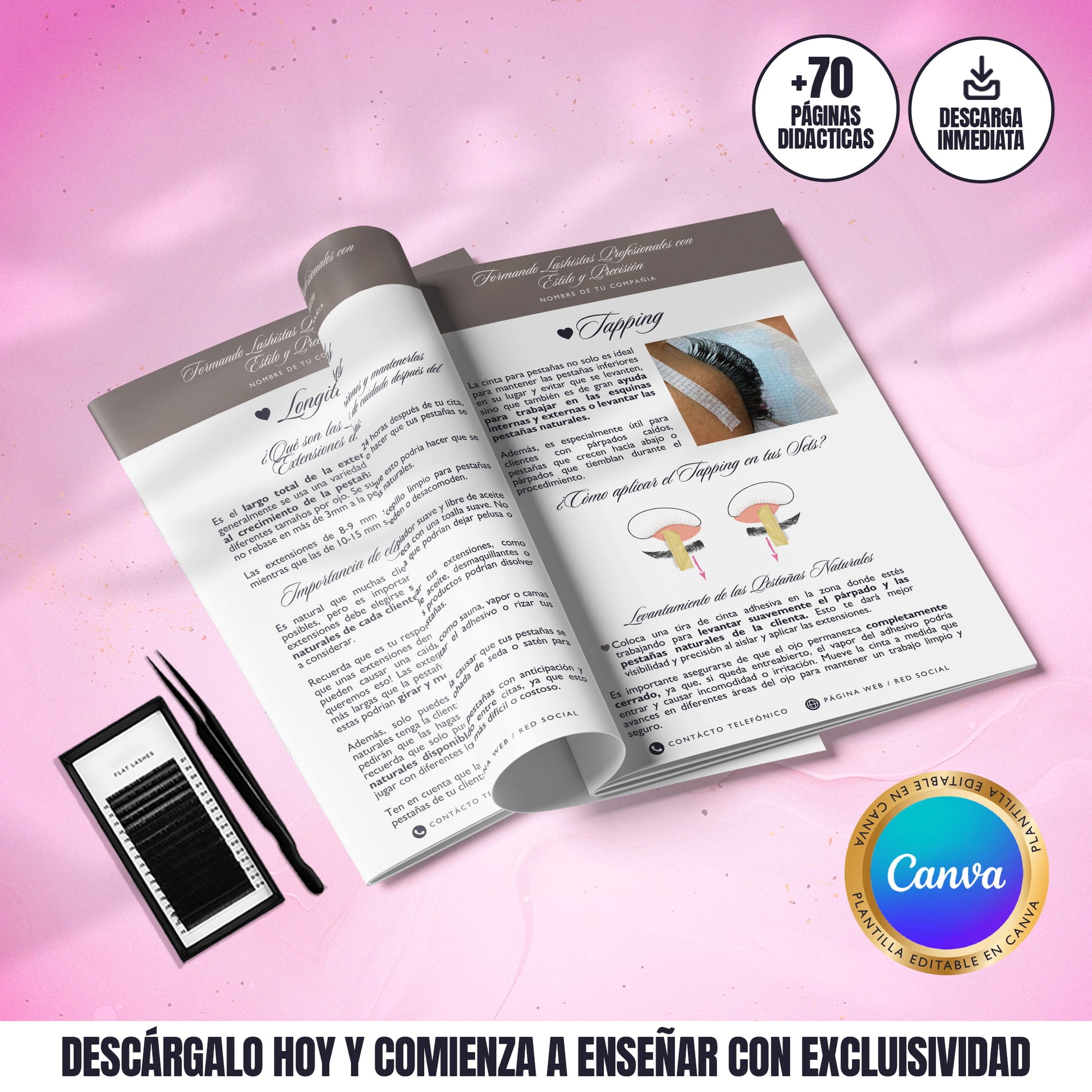 Manual editable de extensiones de pestañas con explicación paso a paso de técnicas clásicas, híbridas y volumen
