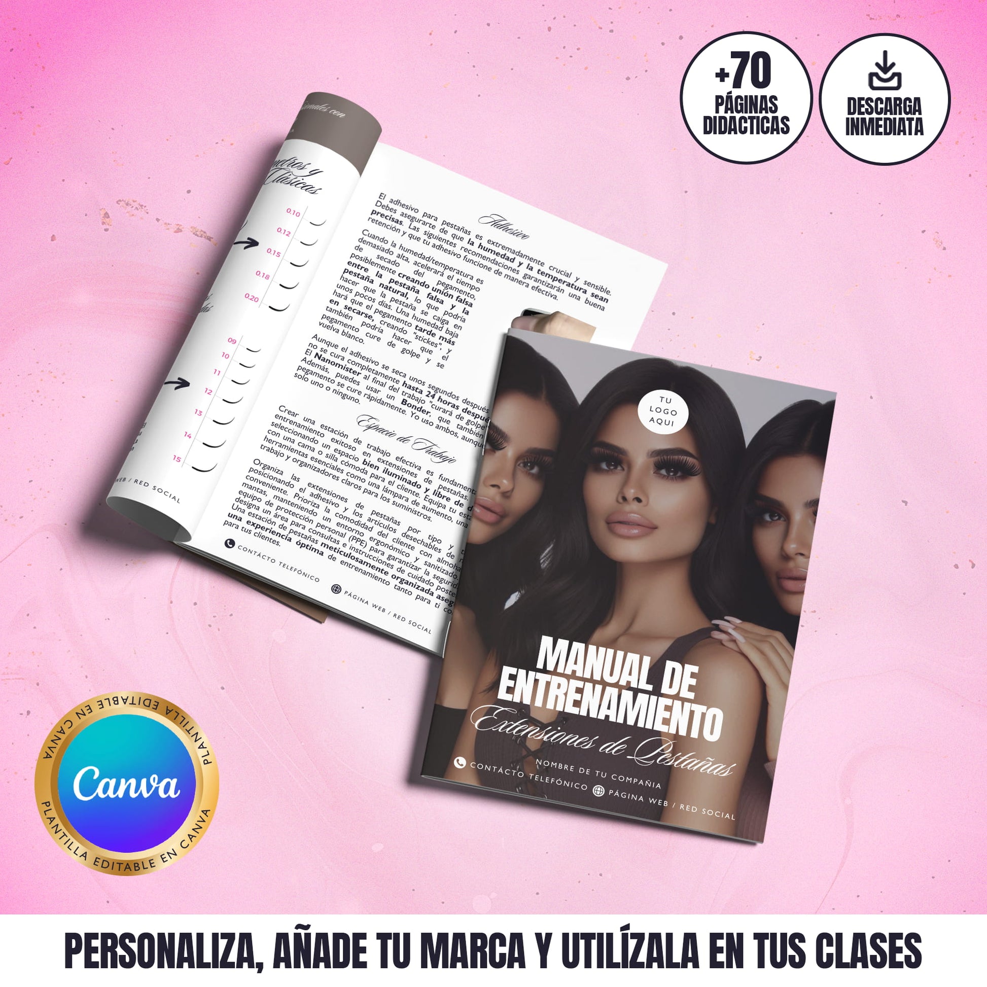 Manual editable en Canva de extensiones de pestañas, más de 70 páginas listas para imprimir y usar en clases de lashista.