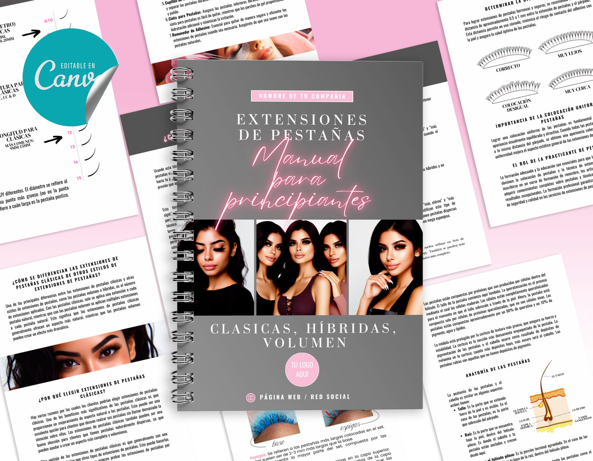 Imagen del Manual de Entrenamiento para Principiantes en Extensiones de Pestañas, con 77 páginas totalmente editables en Canva. Diseño en tonos rosados con imágenes de técnicas de aplicación y portada con tres modelos. Se destaca la opción de descarga instantánea y la facilidad de edición.