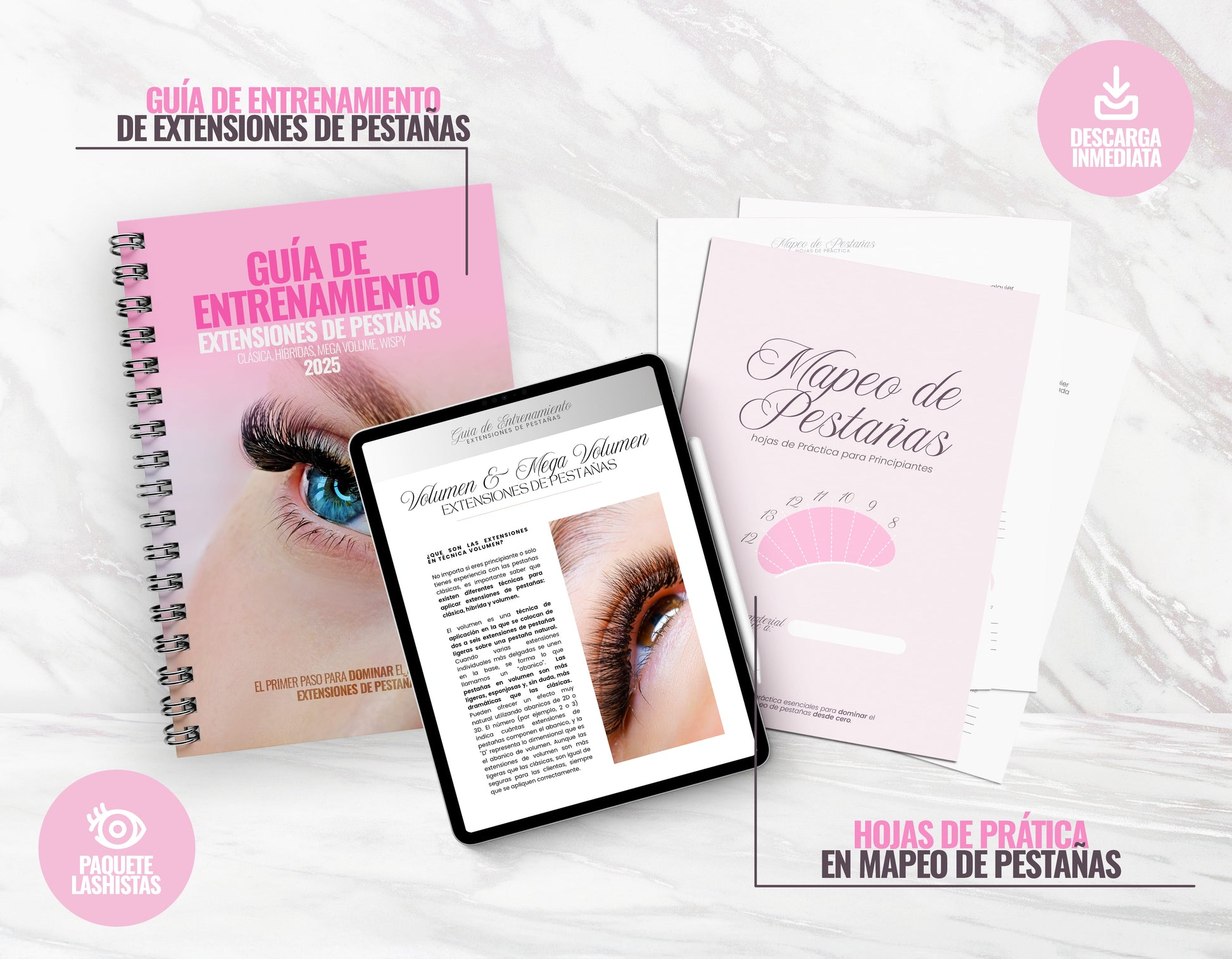 Imagen del Paquete de Entrenamiento para Principiantes en Extensiones de Pestañas. Incluye una guía editable en Canva de 57 páginas y hojas de práctica de mapeo de pestañas en PDF listas para descargar e imprimir.