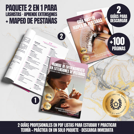 Paquete lashista 2 en 1 con manual de entrenamiento en extensiones de pestañas y guía master de mapeo de pestañas, más de 100 páginas en PDF, ideal para principiantes.