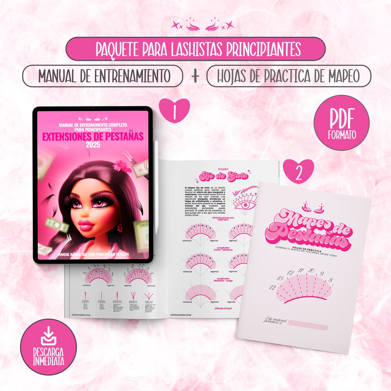 Paquete digital para Lashistas Principiantes, 2 manuales profesionales faciles de descargar e imprimir: Manual de Entrenamiento de Extensiones de Pestañas + Hojas de Práctica de Mapeo de Pestañas 2025