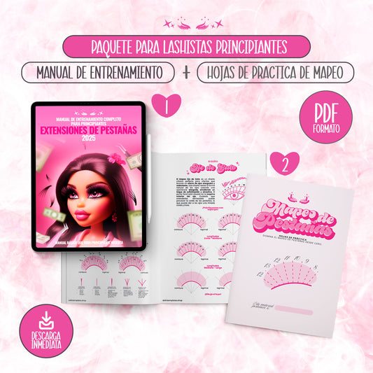 Paquete digital para Lashistas Principiantes, 2 manuales profesionales faciles de descargar e imprimir: Manual de Entrenamiento de Extensiones de Pestañas + Hojas de Práctica de Mapeo de Pestañas 2025