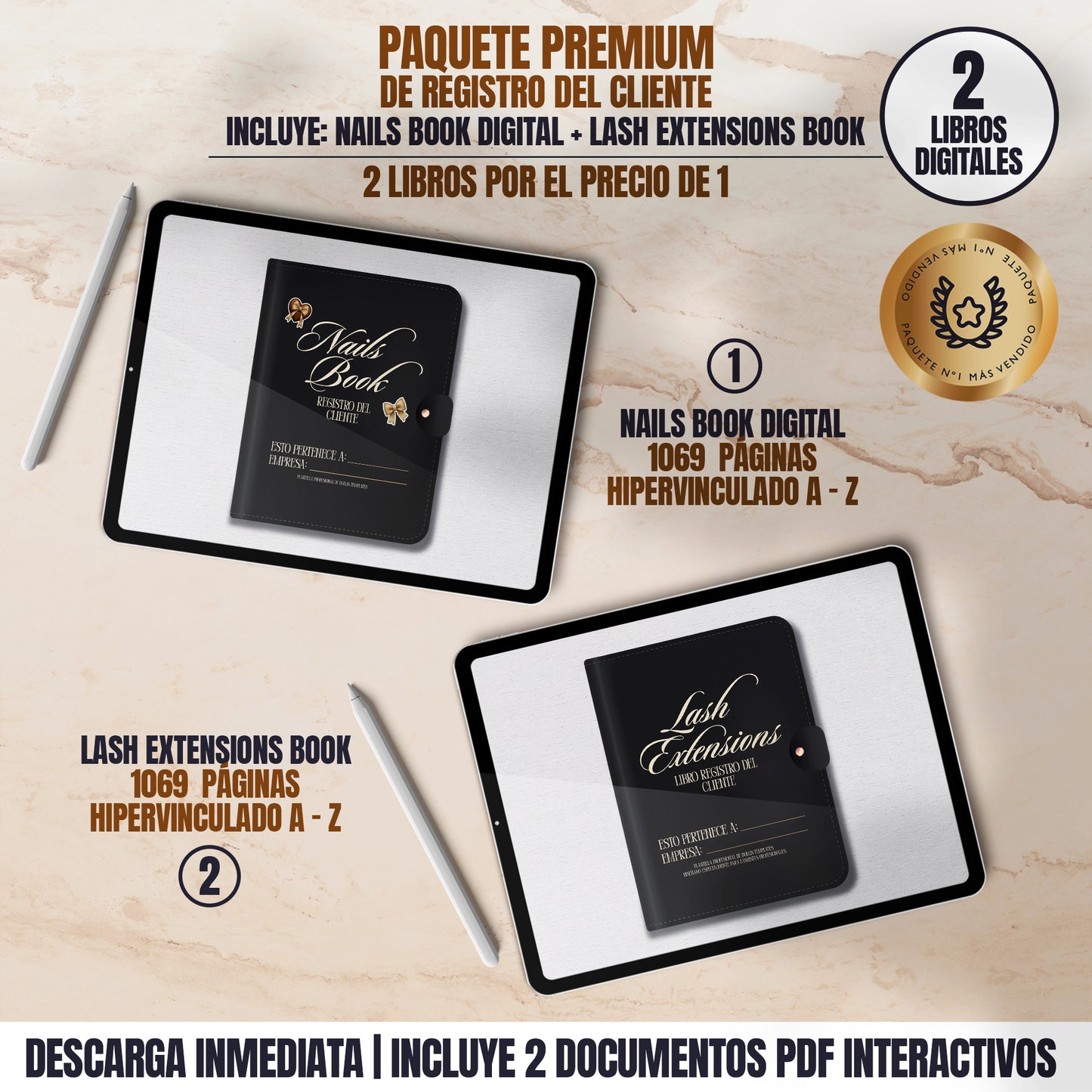 Paquete Premium 2 en 1 – Nails Book Digital y Lash Extensions Book para profesionales de belleza. Registros PDF interactivos A-Z, más de 1000 páginas cada uno.
