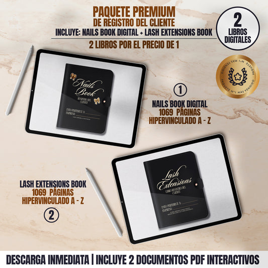 Paquete Premium 2 en 1 – Nails Book Digital y Lash Extensions Book para profesionales de belleza. Registros PDF interactivos A-Z, más de 1000 páginas cada uno.