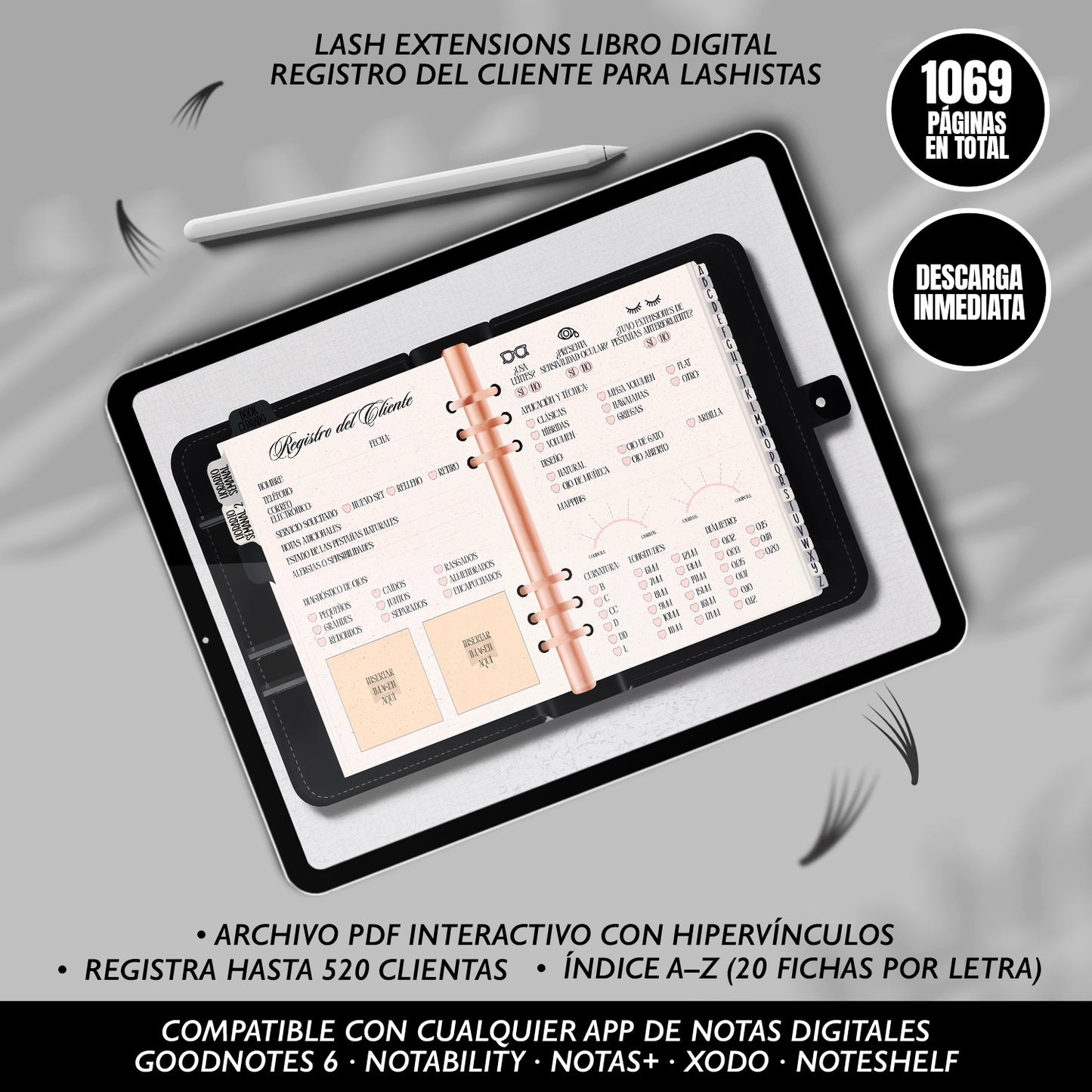 Paquete Premium 2 en 1 – Nails Book Digital y Lash Extensions Book para profesionales de belleza. Registros PDF interactivos A-Z, más de 1000 páginas cada uno.