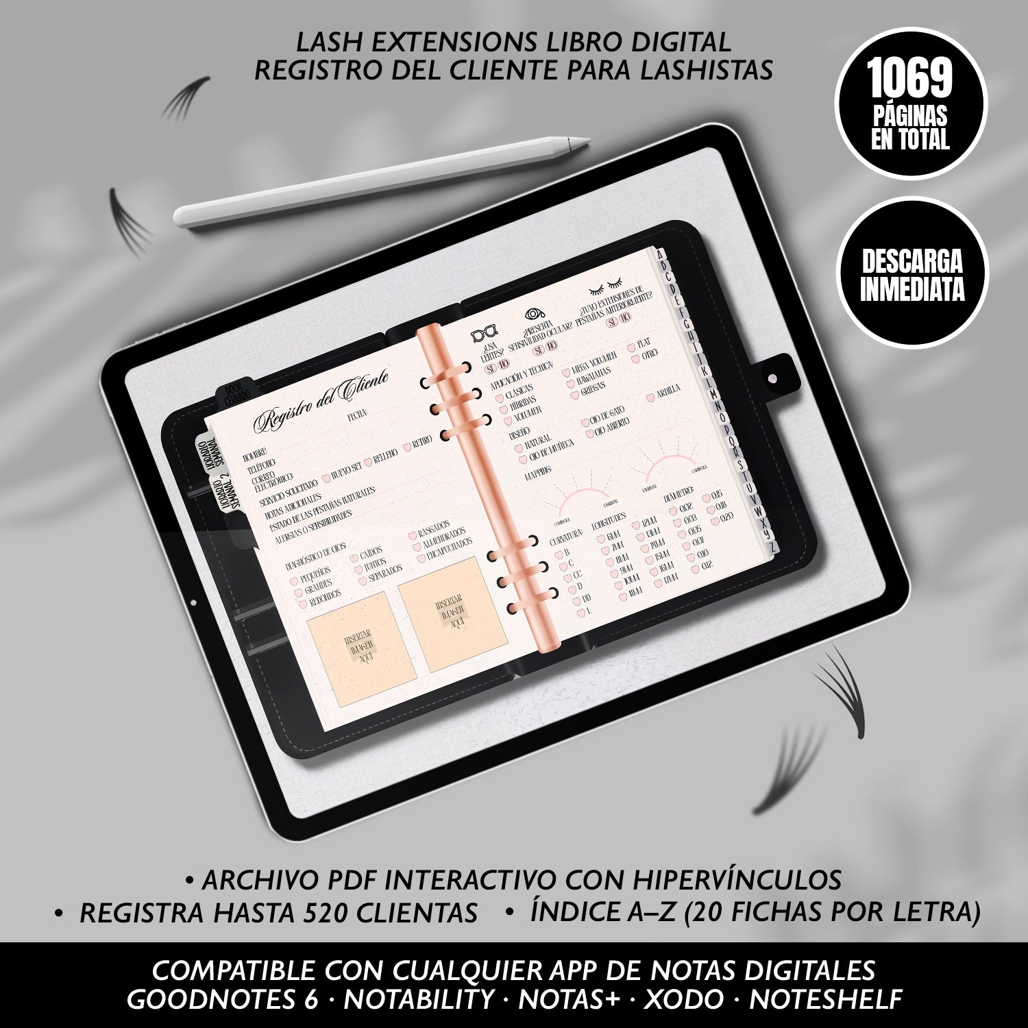 Paquete Premium 2 en 1 – Nails Book Digital y Lash Extensions Book para profesionales de belleza. Registros PDF interactivos A-Z, más de 1000 páginas cada uno.