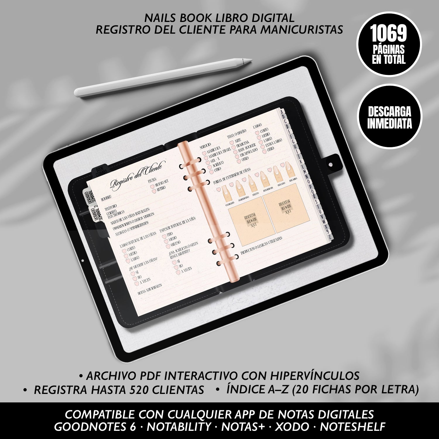 Paquete Premium 2 en 1 – Nails Book Digital y Lash Extensions Book para profesionales de belleza. Registros PDF interactivos A-Z, más de 1000 páginas cada uno.