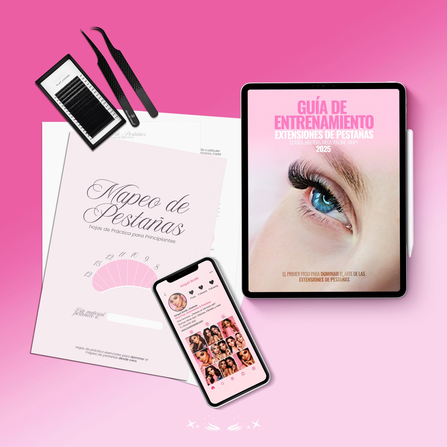 Imagen de un paquete digital para lashistas profesionales que incluye hojas de práctica de mapeo de pestañas, una guía de entrenamiento en extensiones de pestañas en formato digital y herramientas de aplicación. Fondo rosa con diseño elegante.