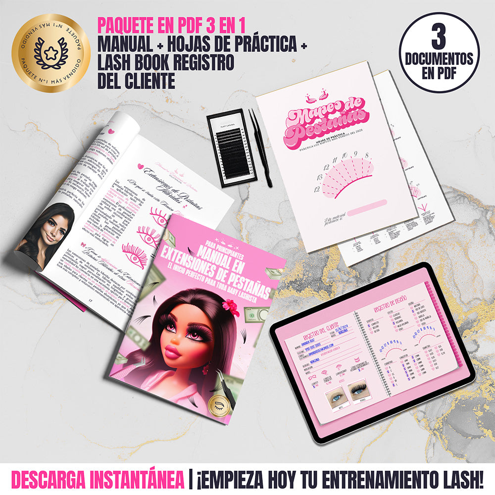 Paquete Profesional 3 en 1 para Lashistas | Manual, Hojas de Práctica y Lash Book Registro del Cliente