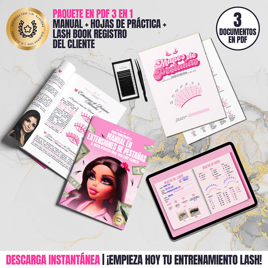 Paquete Profesional 3 en 1 para Lashistas | Manual, Hojas de Práctica y Lash Book Registro del Cliente