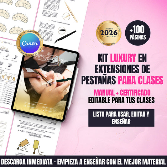 Kit de Entrenamiento Luxury para Academias y Educadoras · Manual en Extensiones de Pestañas + Certificado Editable en Canva