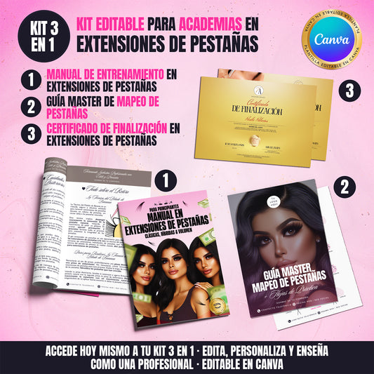 Kit Editable 3 en 1 para Academias en Extensiones de Pestañas ∙ Manual + Guía de Mapeo + Certificado Profesional