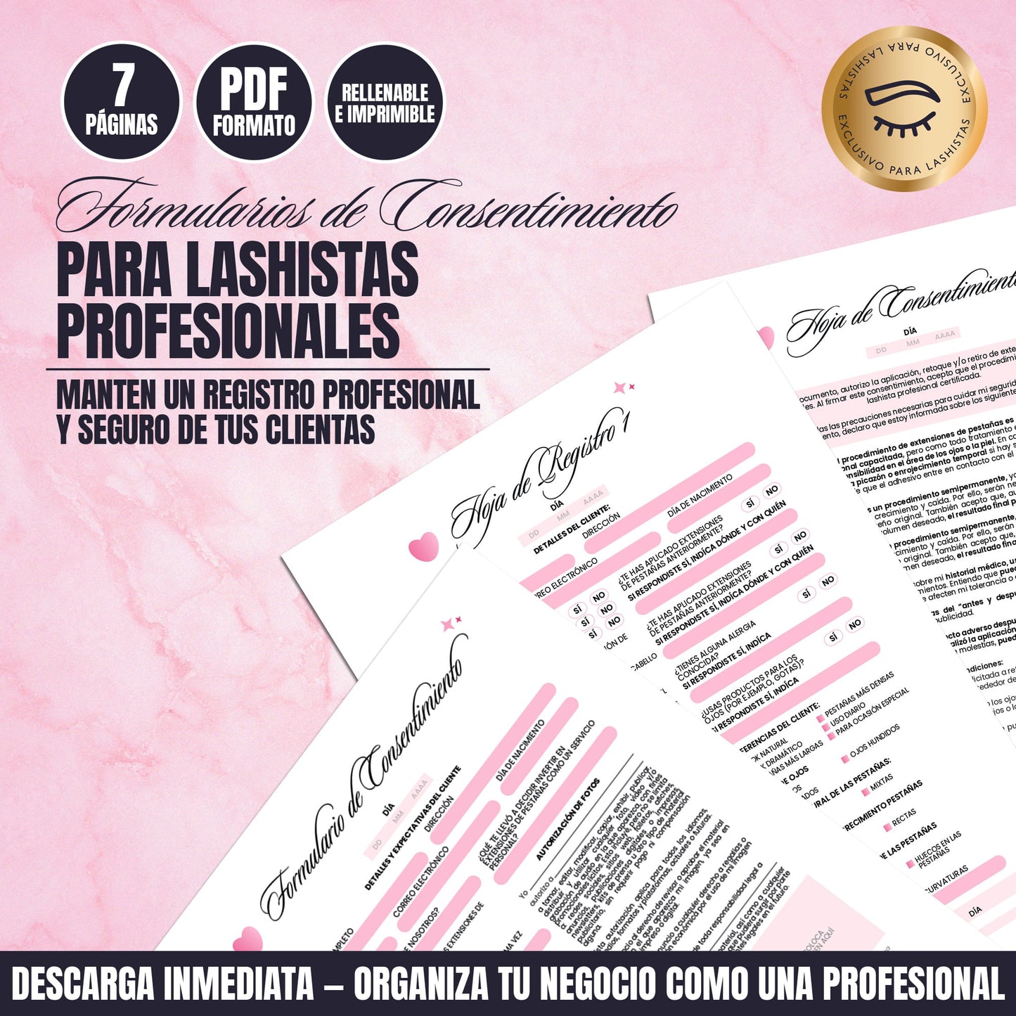 Formularios de Consentimiento Profesionales para Lashistas | 7 Páginas en PDF Rellenables e Imprimibles