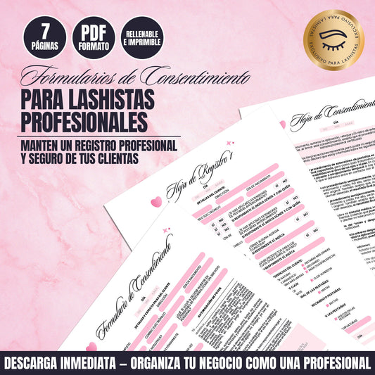 Formularios de Consentimiento Profesionales para Lashistas | 7 Páginas en PDF Rellenables e Imprimibles