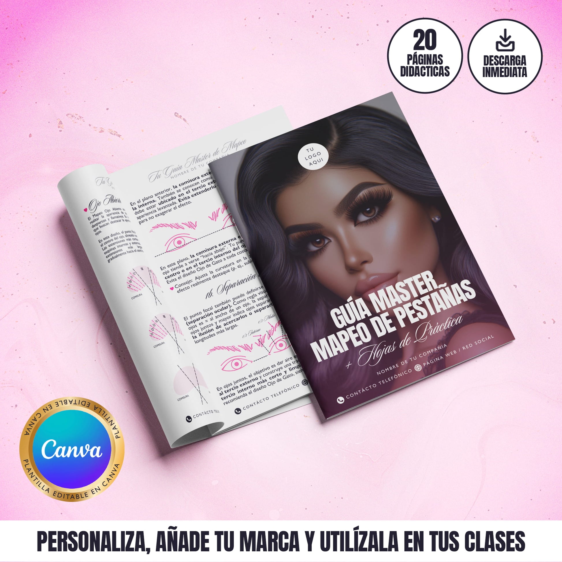 Plantilla editable de guía master de mapeo de pestañas en Canva, 20 páginas listas para personalizar y usar en clases o academias