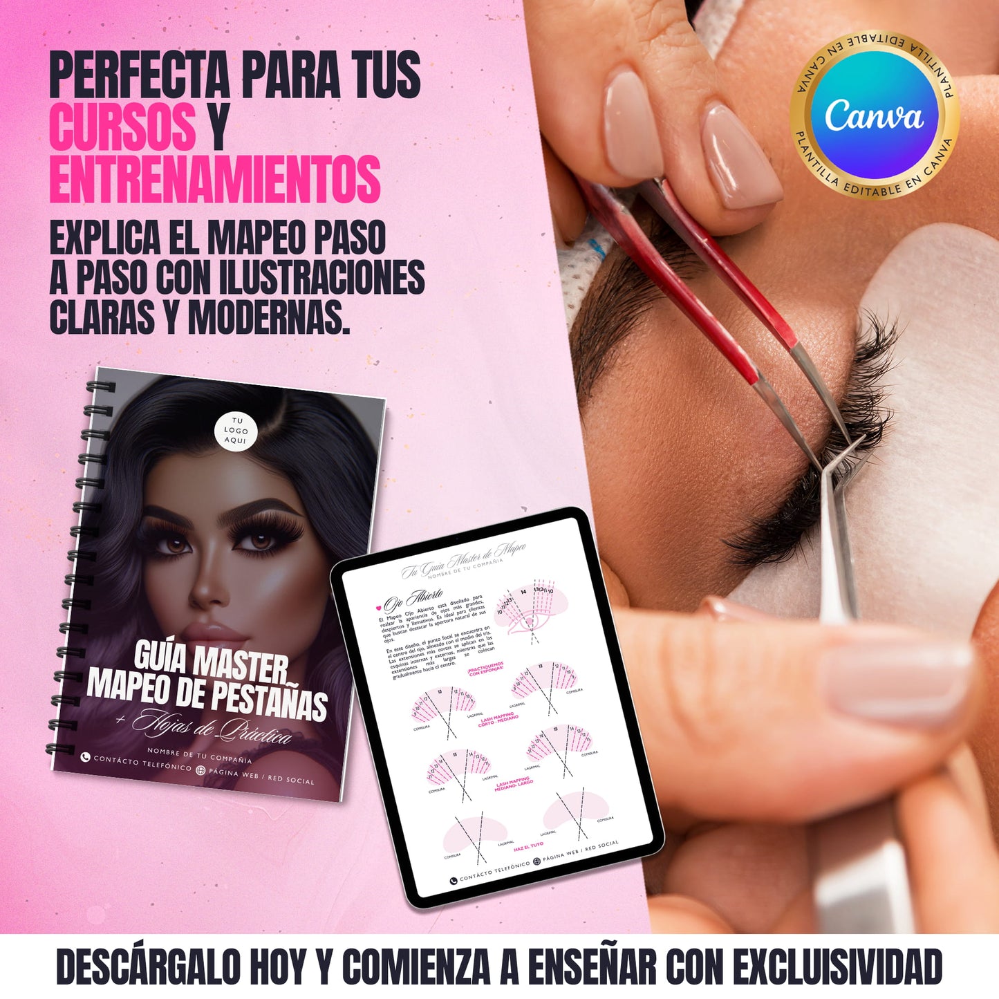 Plantilla editable de guía master de mapeo de pestañas en Canva, 20 páginas listas para personalizar y usar en clases o academias