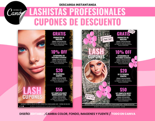 Plantilla Cupones de Descuentos Glamour para Lashistas Editables en Canva