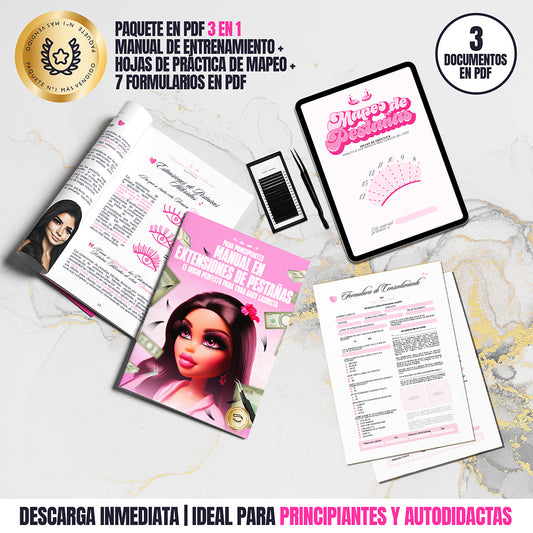 Paquete 3 en 1 para Principiantes en Extensiones de Pestañas | Manual + Hojas de Práctica + Formularios PDF