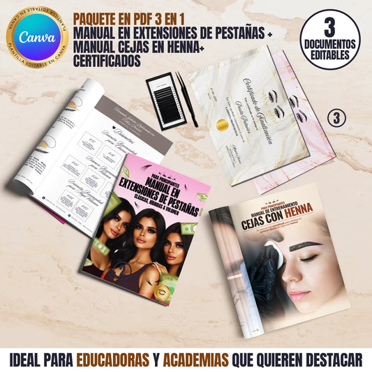 Paquete Digital 3 en 1 Editable en Canva | Manual de Extensiones de Pestañas + Cejas con Henna + Certificados Personalizables