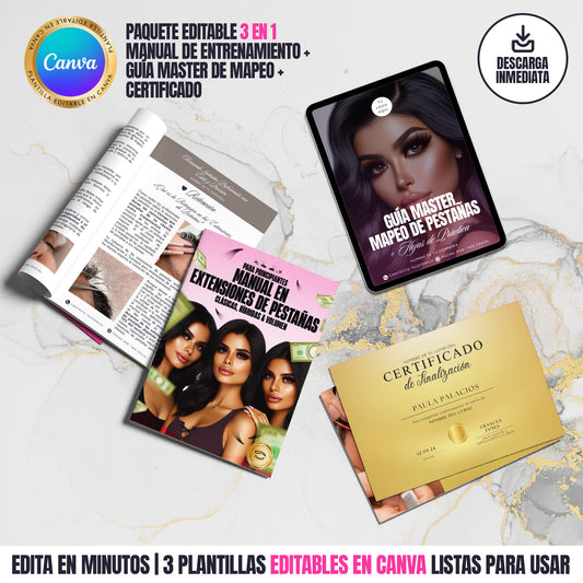 Paquete editable 3 en 1 para cursos de extensiones de pestañas en Canva: manual de entrenamiento, guía de mapeo y certificado personalizable.