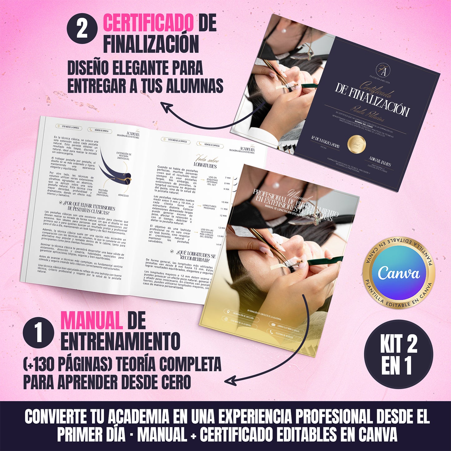 Kit de Entrenamiento Luxury para Academias y Educadoras · Manual en Extensiones de Pestañas + Certificado Editable en Canva