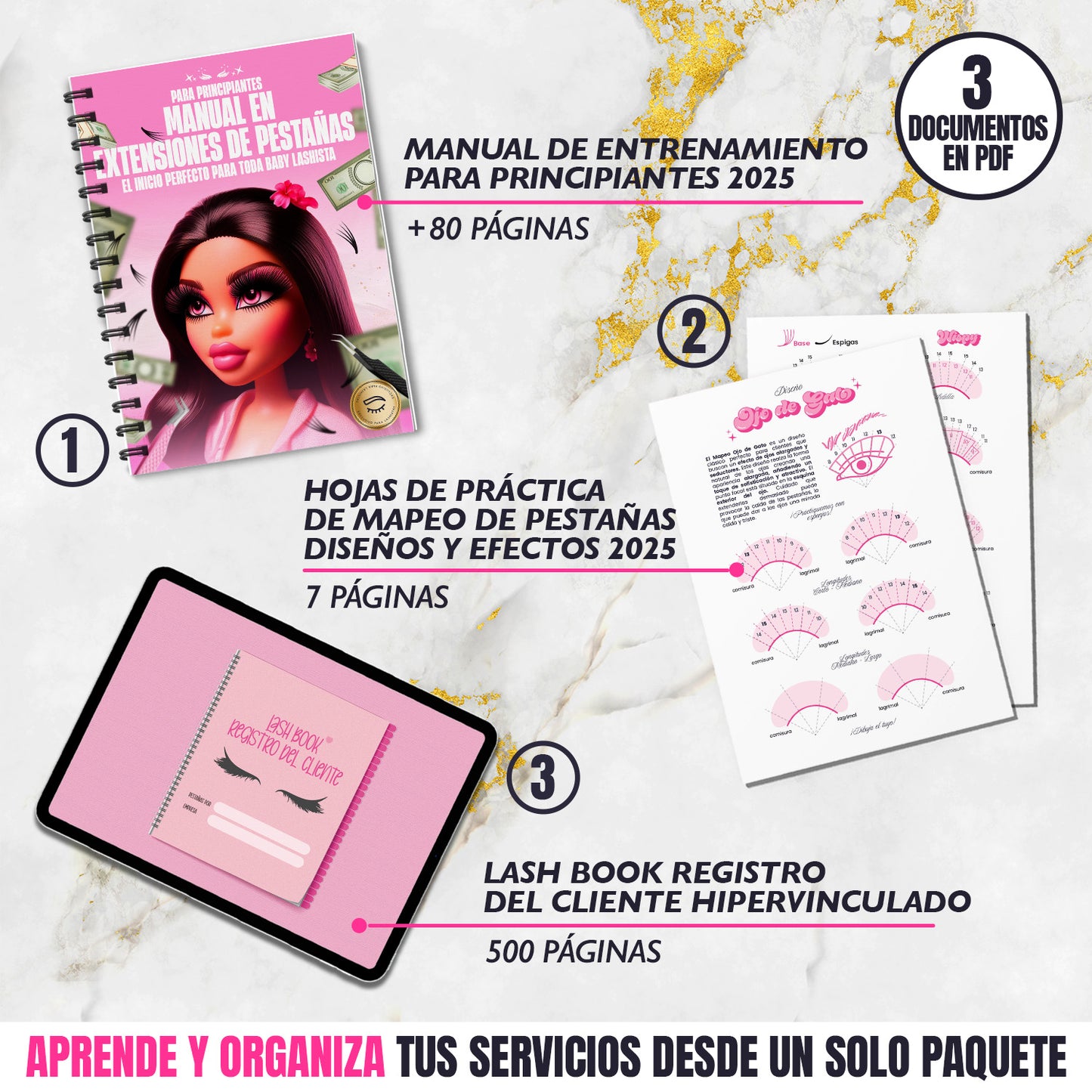 Paquete Profesional 3 en 1 para Lashistas | Manual, Hojas de Práctica y Lash Book Registro del Cliente