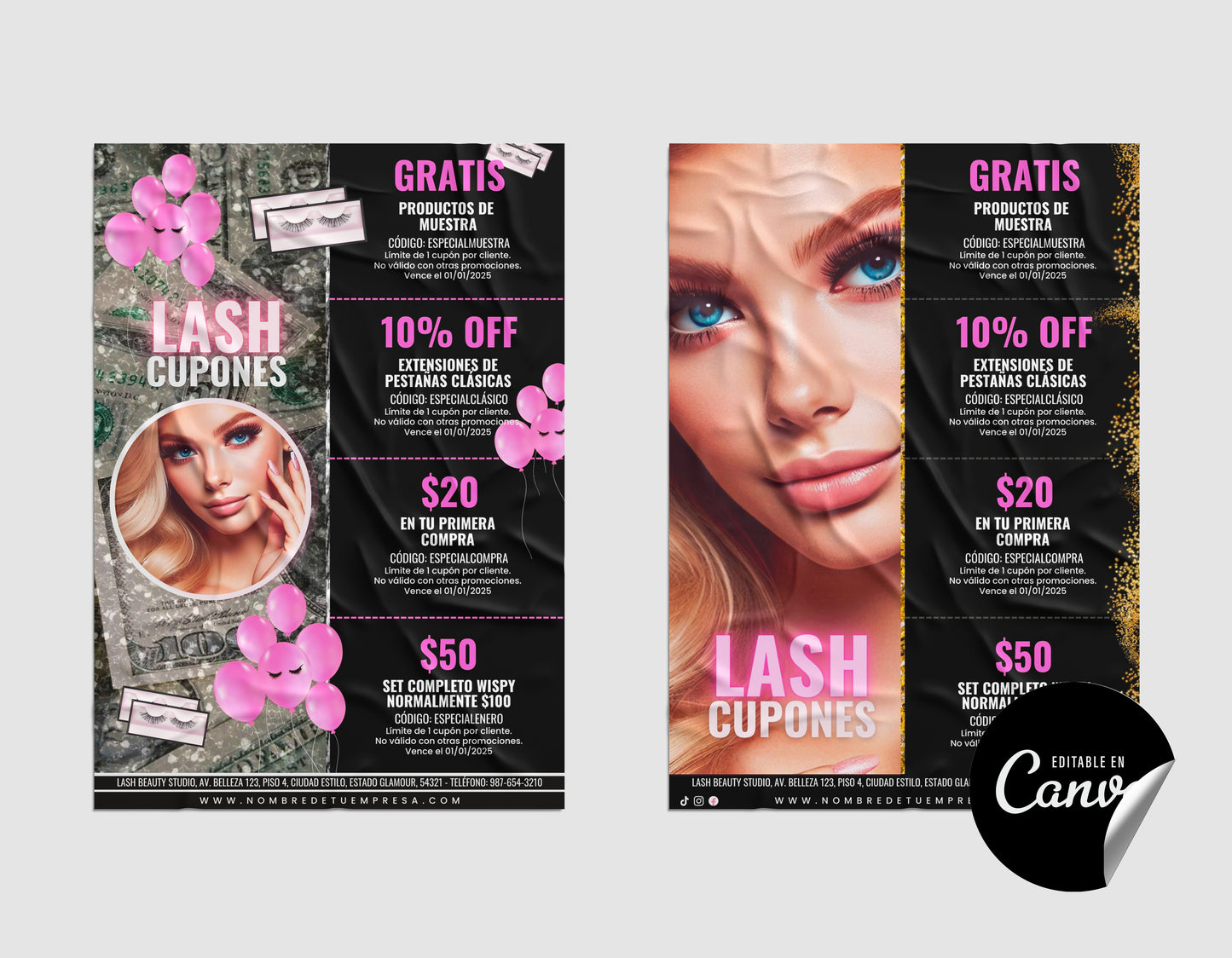Plantilla Cupones de Descuentos Glamour para Lashistas Editables en Canva