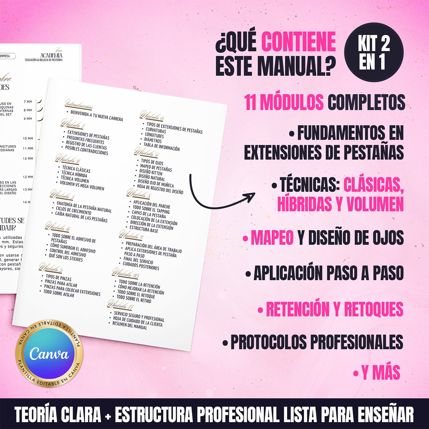Kit de Entrenamiento Luxury para Academias y Educadoras · Manual en Extensiones de Pestañas + Certificado Editable en Canva
