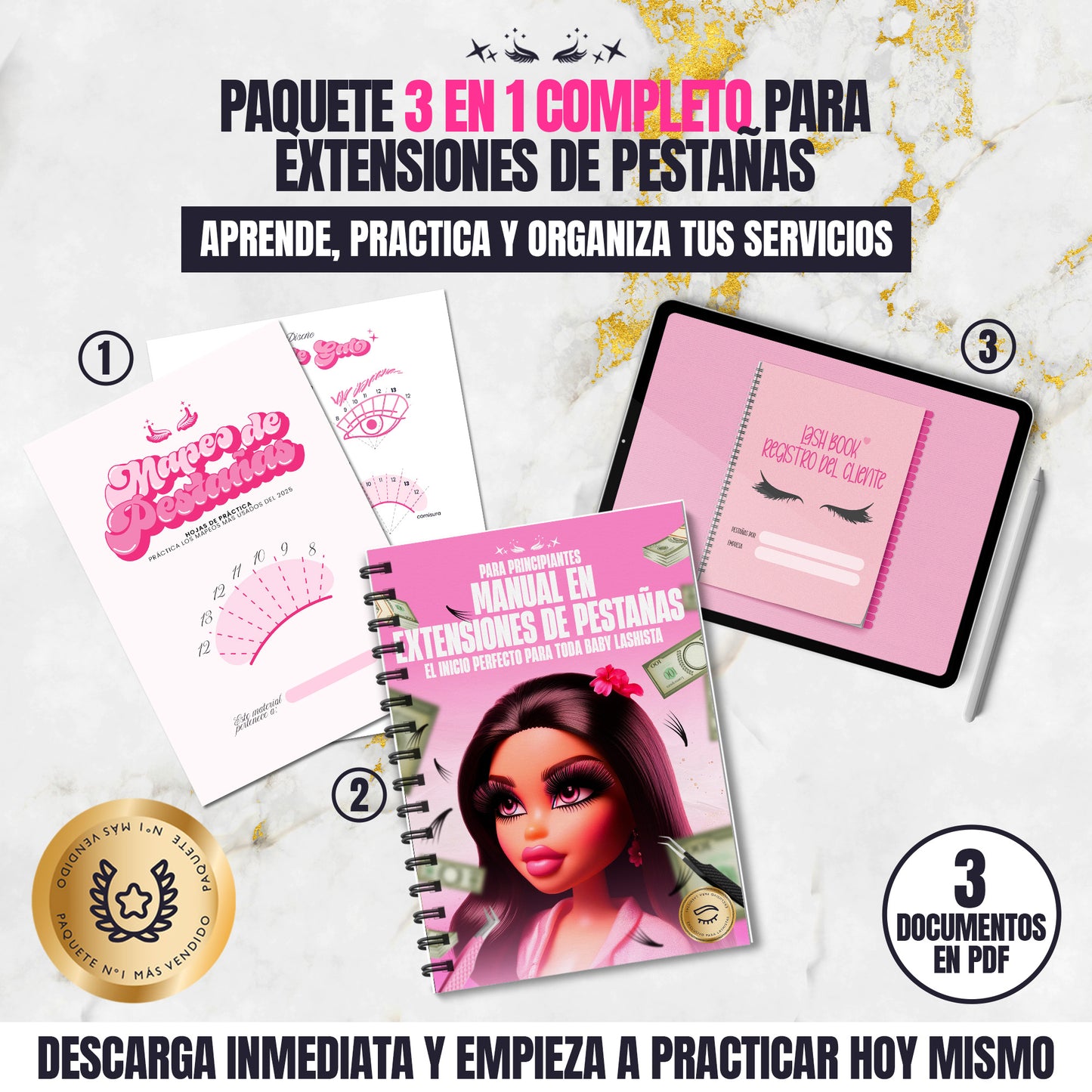 Paquete Profesional 3 en 1 para Lashistas | Manual, Hojas de Práctica y Lash Book Registro del Cliente