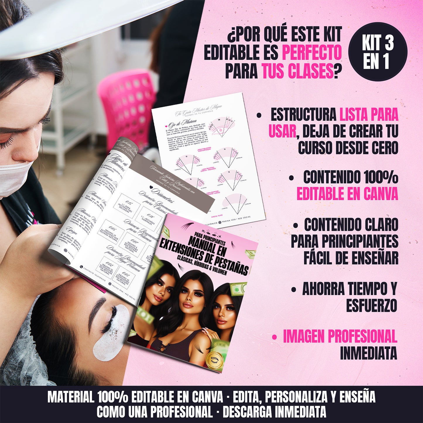 Kit Editable 3 en 1 para Academias en Extensiones de Pestañas ∙ Manual + Guía de Mapeo + Certificado Profesional