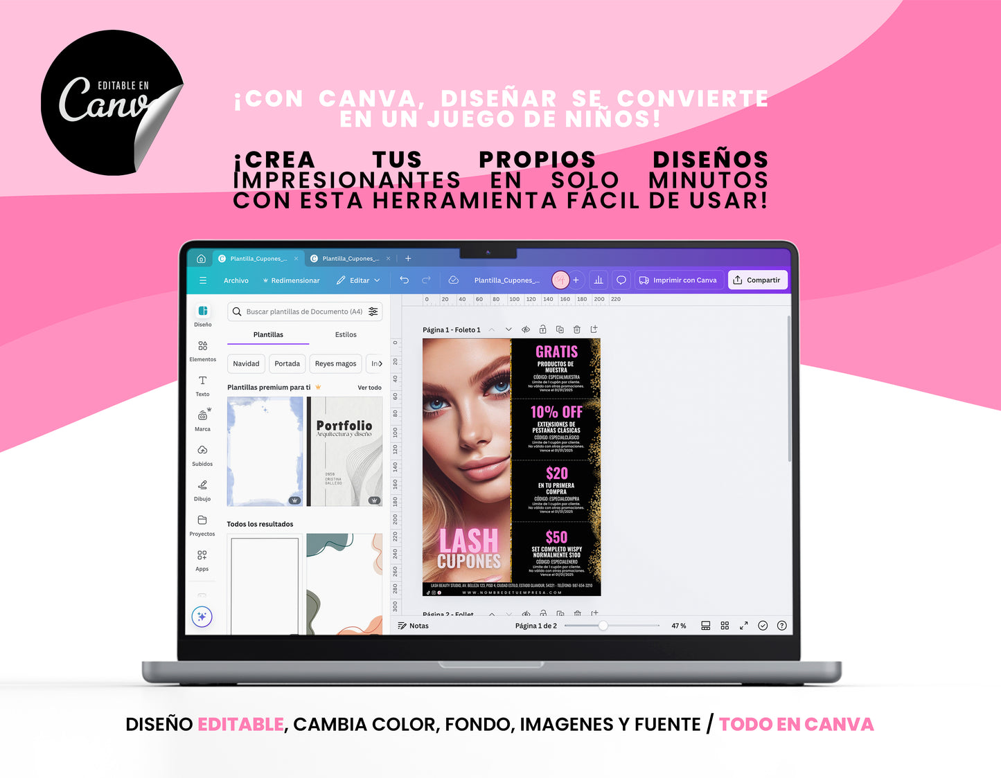 Plantilla Cupones de Descuentos Glamour para Lashistas Editables en Canva