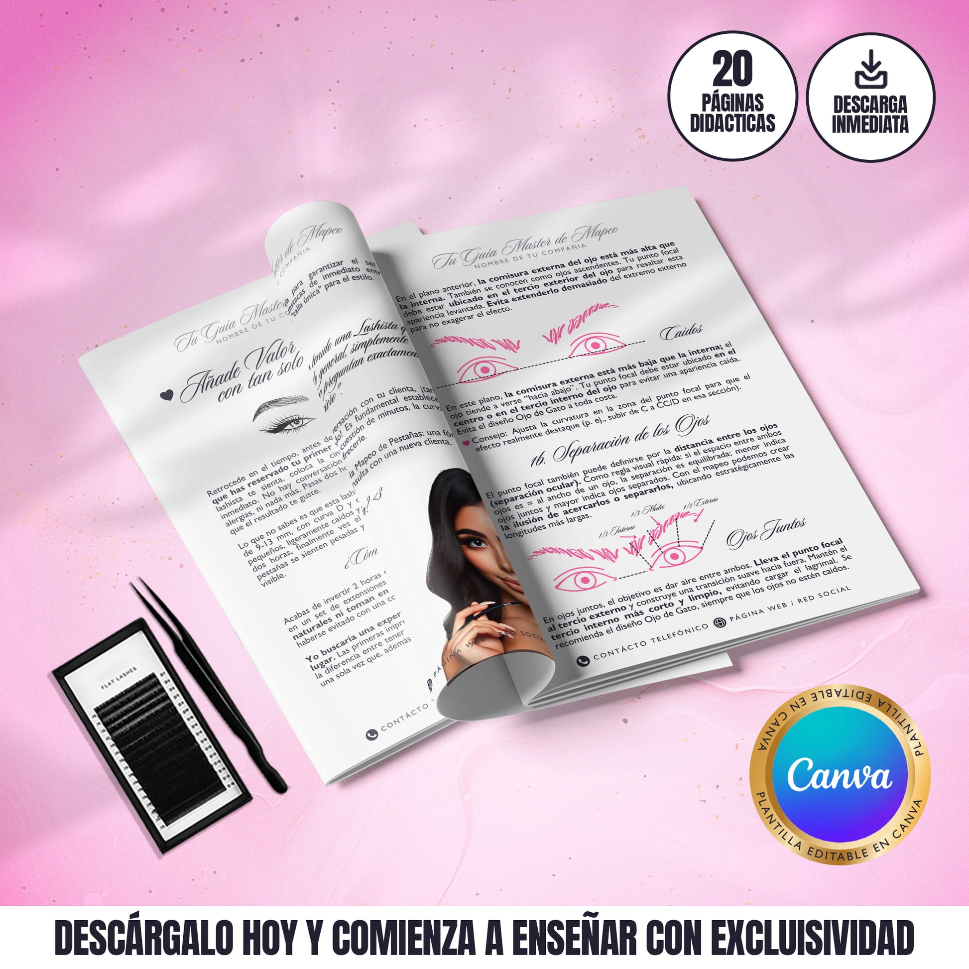 Plantilla editable de guía master de mapeo de pestañas en Canva, 20 páginas listas para personalizar y usar en clases o academias